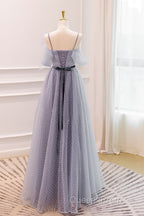 Gray A-Line Tulle Long Evening Prom Dress, Gray Formal Evening Dress