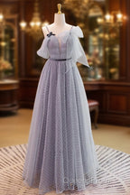 Gray A-Line Tulle Long Evening Prom Dress, Gray Formal Evening Dress