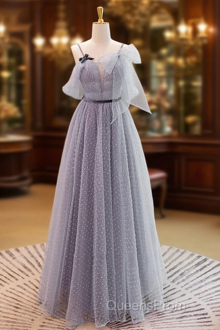 Gray A-Line Tulle Long Evening Prom Dress, Gray Formal Evening Dress