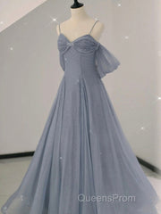 Gray A line tulle off shoulder Evening Prom Dress, gray long evening Dress