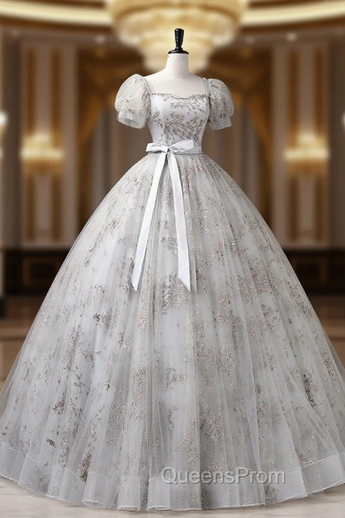 Gray A-Line Tulle Sequin Long Evening Prom Dress, Gray Tulle Sweet 16 Dress Main image