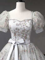 Gray A-Line Tulle Sequin Long Evening Prom Dress, Gray Tulle Sweet 16 Dress