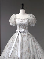 Gray A-Line Tulle Sequin Long Evening Prom Dress, Gray Tulle Sweet 16 Dress
