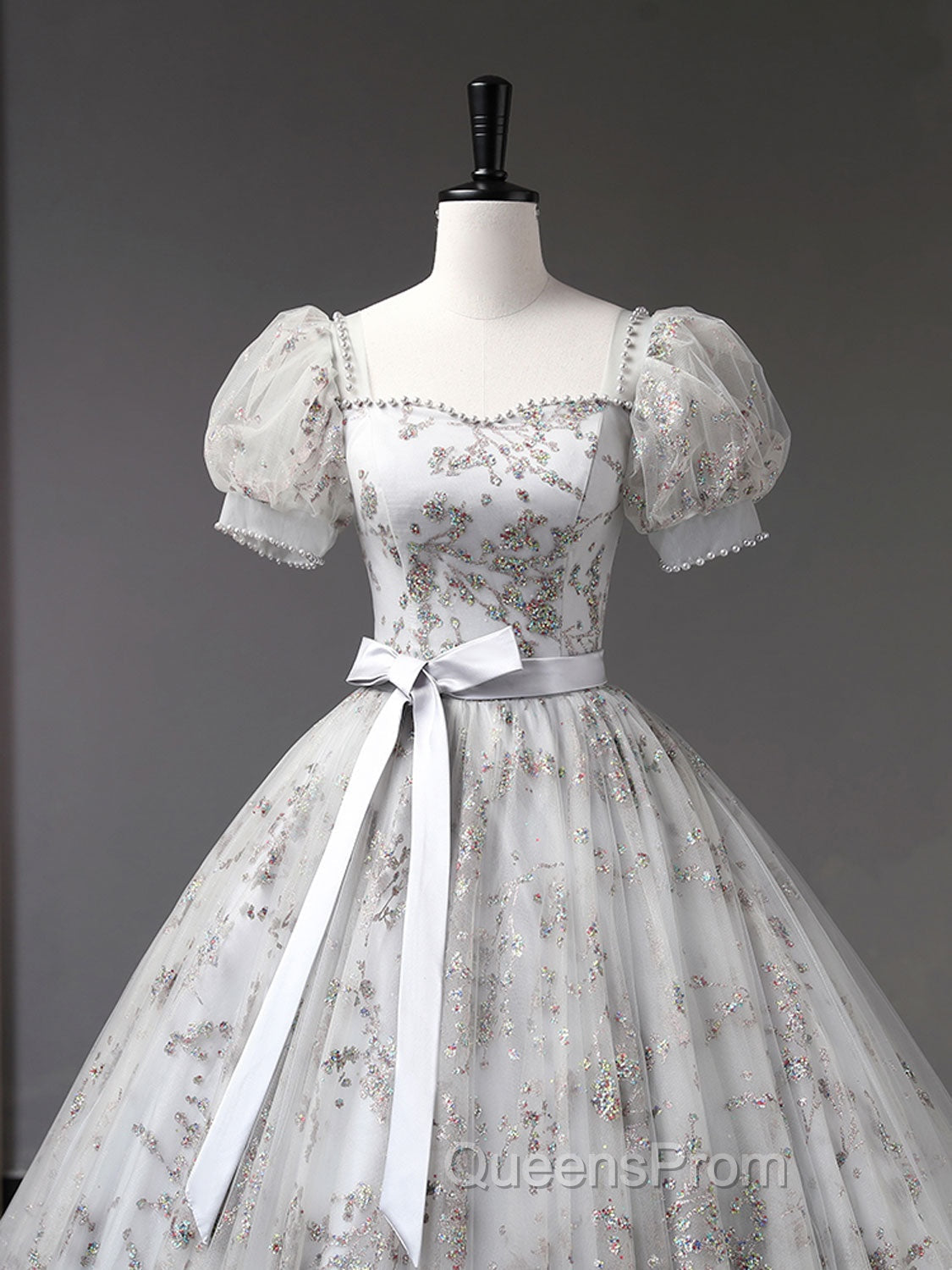 Gray A-Line Tulle Sequin Long Evening Prom Dress, Gray Tulle Sweet 16 Dress