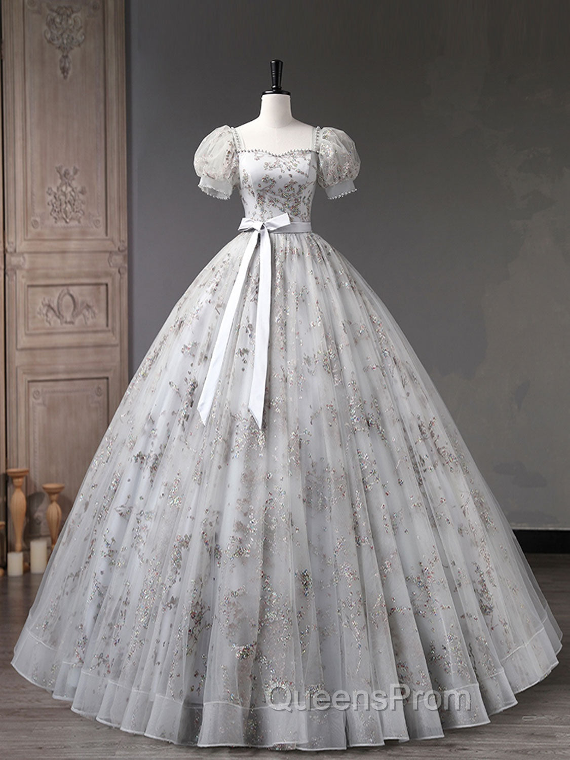Gray A-Line Tulle Sequin Long Evening Prom Dress, Gray Tulle Sweet 16 Dress Secondary image