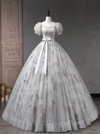 Gray A-Line Tulle Sequin Long Evening Prom Dress, Gray Tulle Sweet 16 Dress