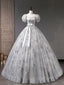 Gray A-Line Tulle Sequin Long Evening Prom Dress, Gray Tulle Sweet 16 Dress