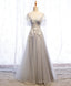 Gray Aline Lace Long Prom Dress, Gray Tulle Lace Formal Graduation Dress