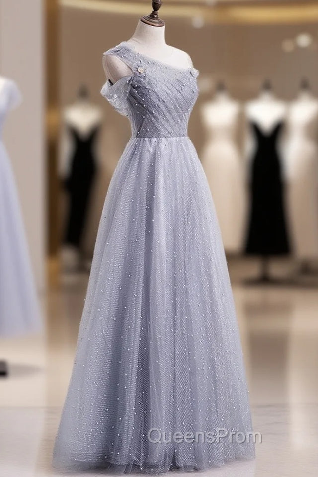 Gray Aline Long Evening Prom Dress, One Shoulder Gray Evening Party Dress