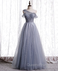 Gray Aline Long Evening Prom Dress, One Shoulder Gray Evening Party Dress