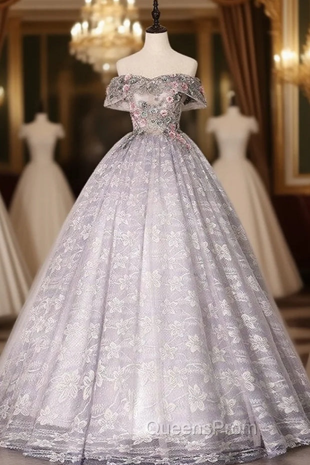 Gray Ball Gown Lace Off the Shoulder Appliques Quinceanera Dress Main image