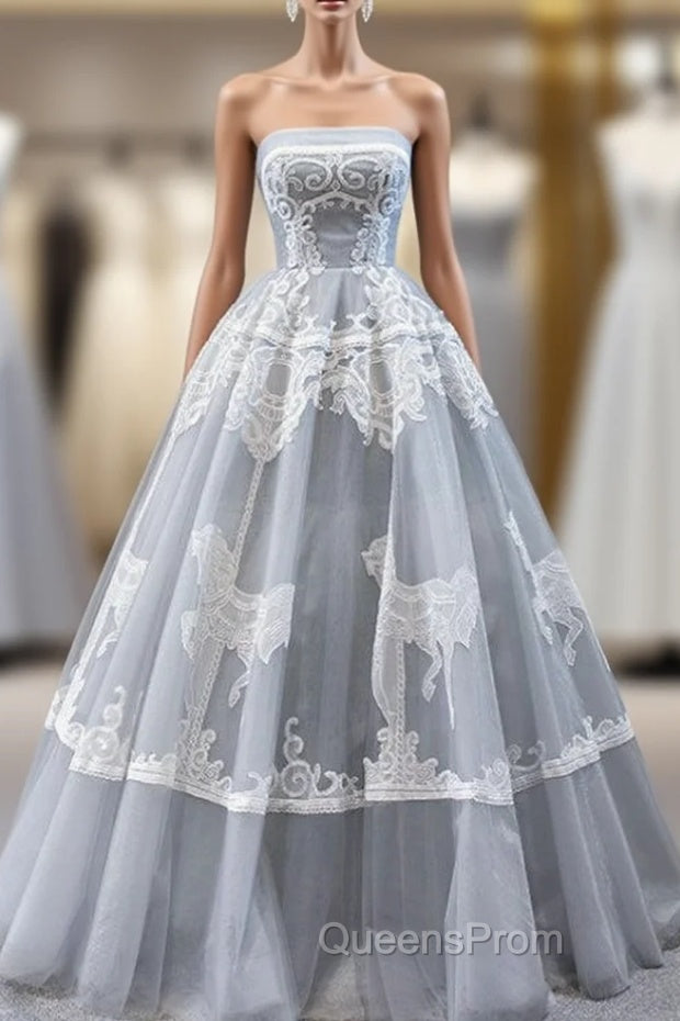 Gray Ball Gown Tulle Appliques Embroidery Strapless Evening Prom Dress Main image