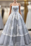 Gray Ball Gown Tulle Appliques Embroidery Strapless Evening Prom Dress
