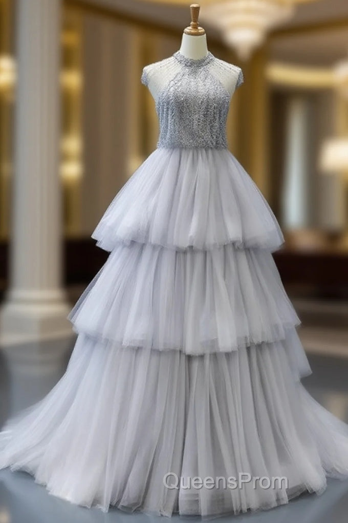 Gray Ball Gown Tulle High Neck Backless Cap Sleeve Evening Prom Dress With Pearls