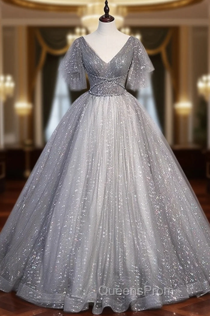 Gray Ball Gown Tulle Sequins V-neck Evening Prom Dress