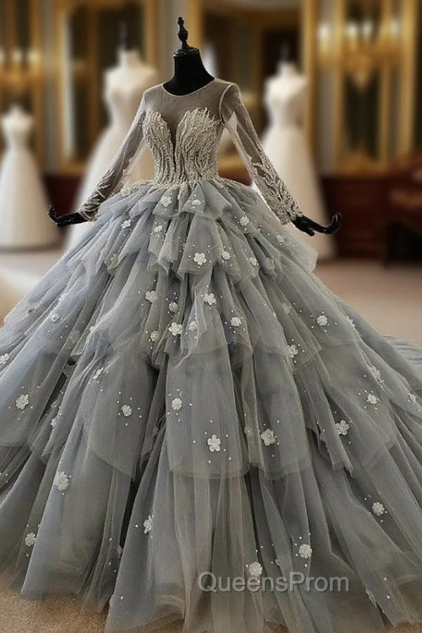 Gray Ball Gown Tulle Tiers Long Sleeve Appliques Beading Wedding Dress