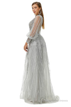 Gray Beaded Mermaid Long sleeves Prom Dresses