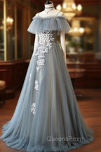 Gray Blue A line Tulle Lace Long Evening Prom Dress, Gray Blue Graduation Dress