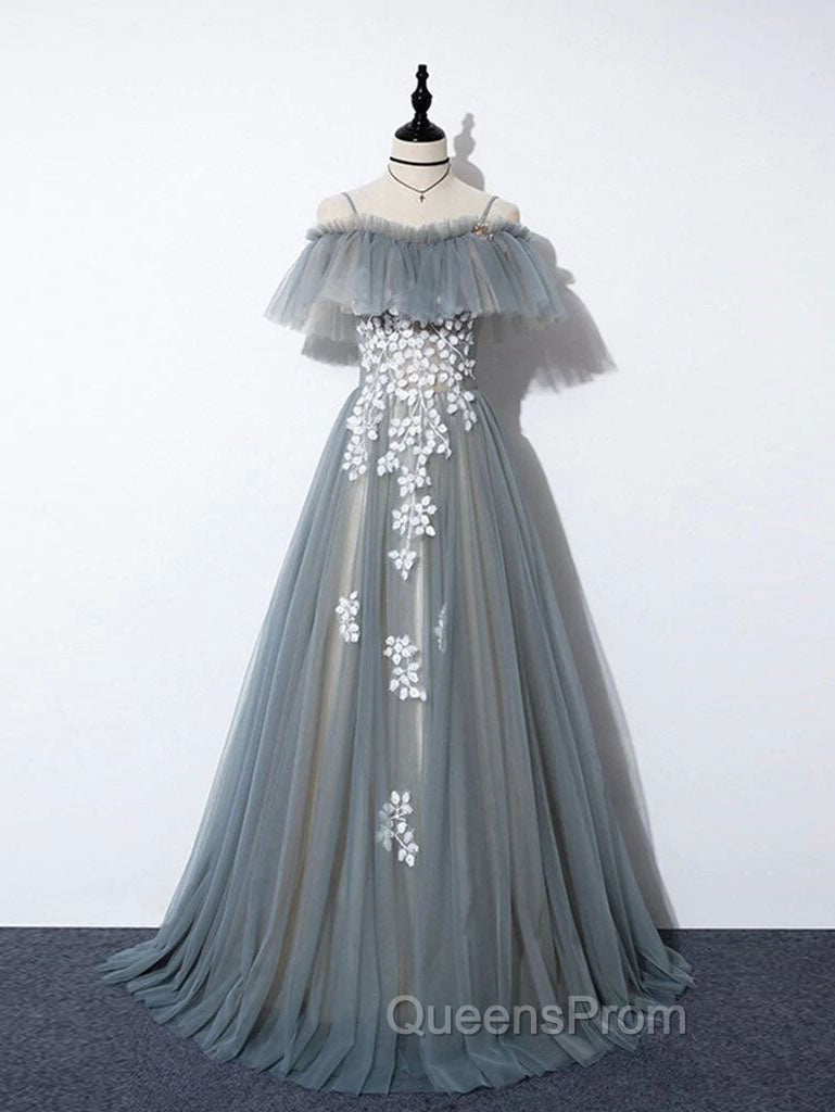 Gray Blue A line Tulle Lace Long Evening Prom Dress, Gray Blue Graduation Dress Main image