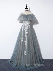 Gray Blue A line Tulle Lace Long Evening Prom Dress, Gray Blue Graduation Dress