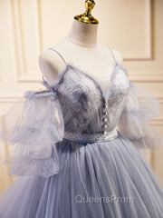 Gray Blue A-Line Tulle Lace Long Evening Prom Dress, Gray Blue Evening Graduation Dress