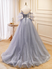 Gray Blue A-Line Tulle Lace Long Evening Prom Dress, Gray Blue Evening Graduation Dress