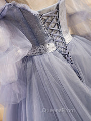 Gray Blue A-Line Tulle Lace Long Evening Prom Dress, Gray Blue Evening Graduation Dress