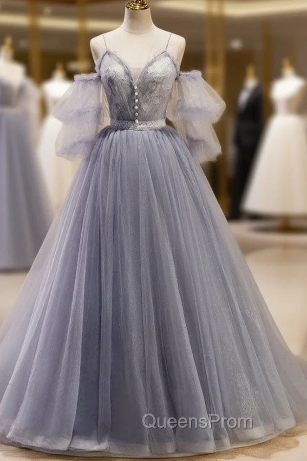 Gray Blue A-Line Tulle Lace Long Evening Prom Dress, Gray Blue Evening Graduation Dress Main image