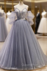 Gray Blue A-Line Tulle Lace Long Evening Prom Dress, Gray Blue Evening Graduation Dress