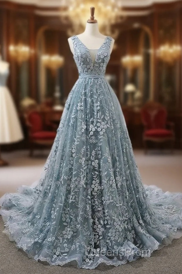 Gray Blue Ball Gown Tulle Appliques V-neck Backless Evening Prom Dress