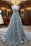 Gray Blue Ball Gown Tulle Appliques V-neck Backless Evening Prom Dress