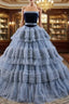 Gray Blue Ball Gown Tulle Strapless Tiers Pleats Evening Prom Dress