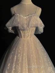 Gray blue/champagne Tulle Long Evening Prom Dress, Tulle Evening Graduation Dress