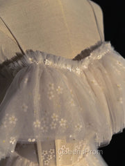 Gray blue/champagne Tulle Long Evening Prom Dress, Tulle Evening Graduation Dress