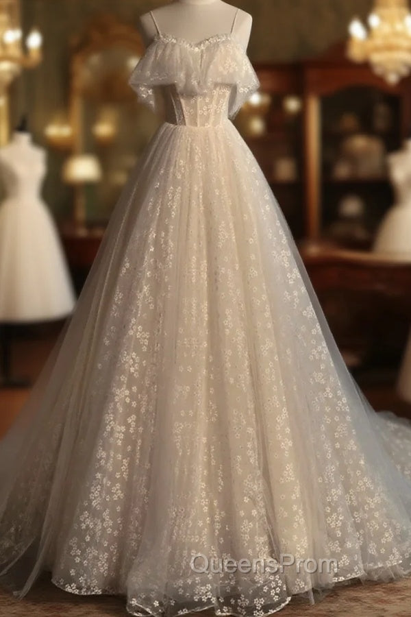 Gray blue/champagne Tulle Long Evening Prom Dress, Tulle Evening Graduation Dress Main image