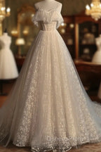 Gray blue/champagne Tulle Long Evening Prom Dress, Tulle Evening Graduation Dress
