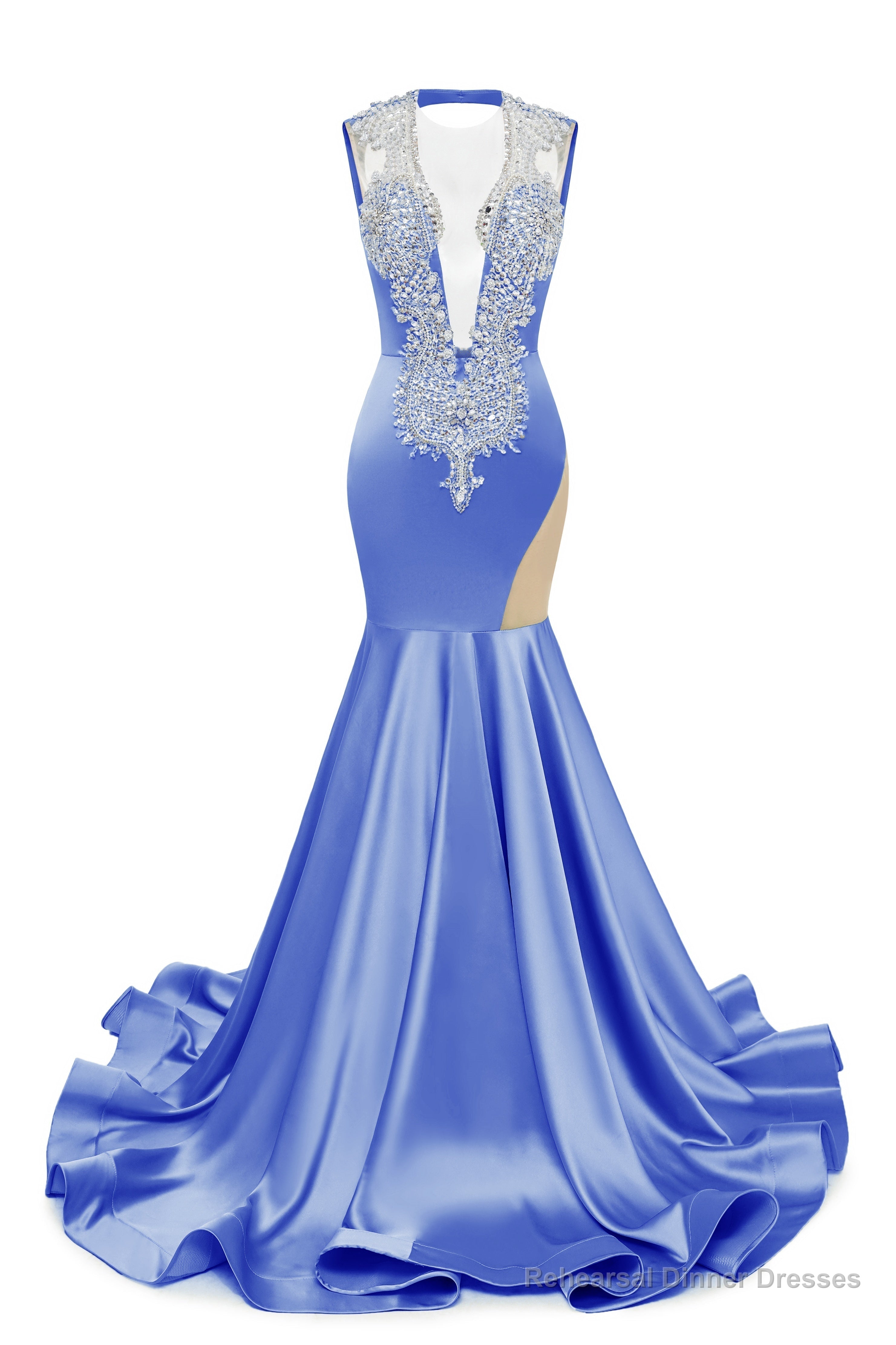 Gray Blue Deep V Neck Mermaid Satin Prom Dresses Sparkly Beaded Pageant Crystals Evening Formal Dresses Secondary image