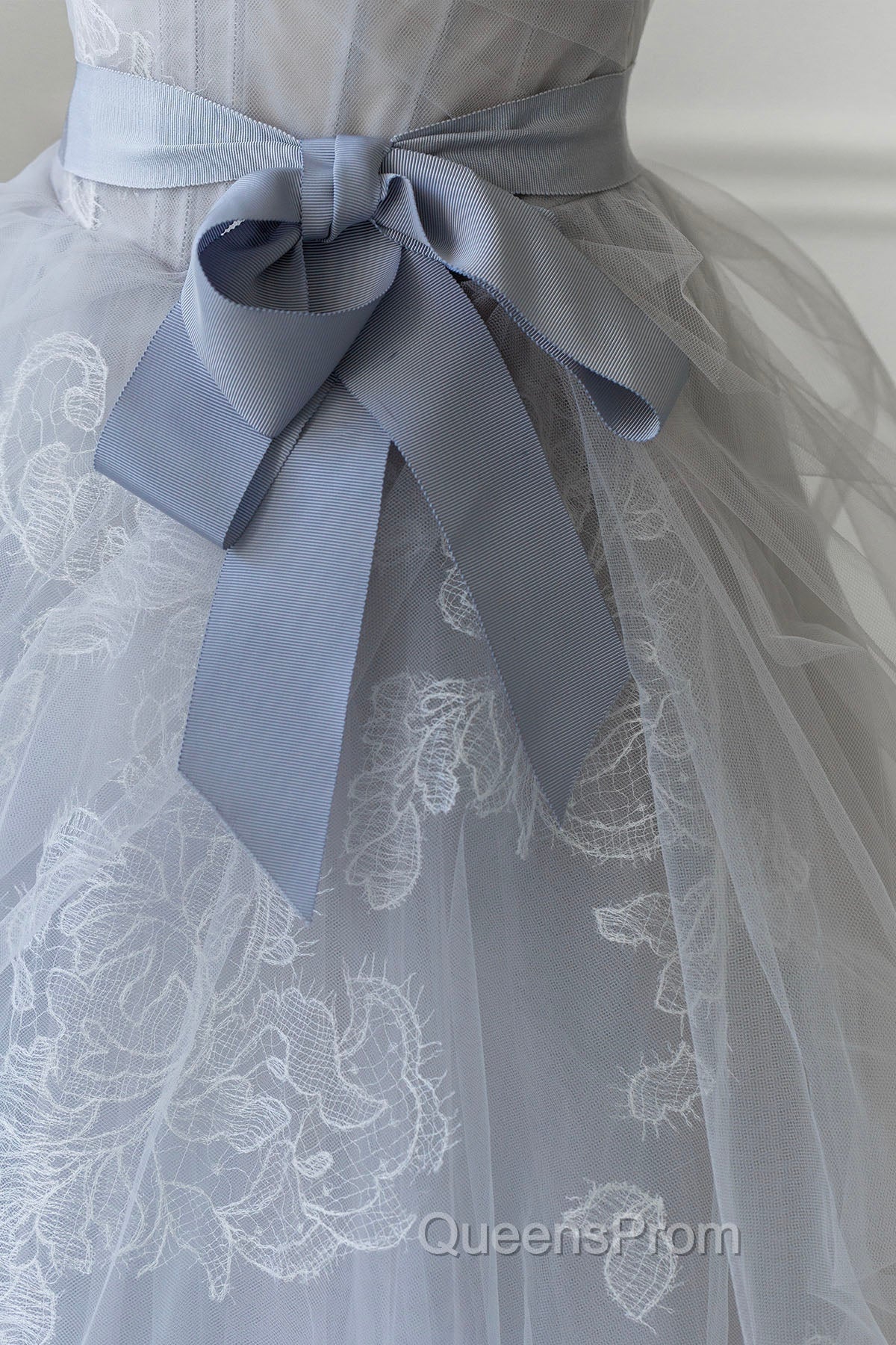Gray Blue Lace Long Evening Prom Dress, Strapless Evening Party Dress