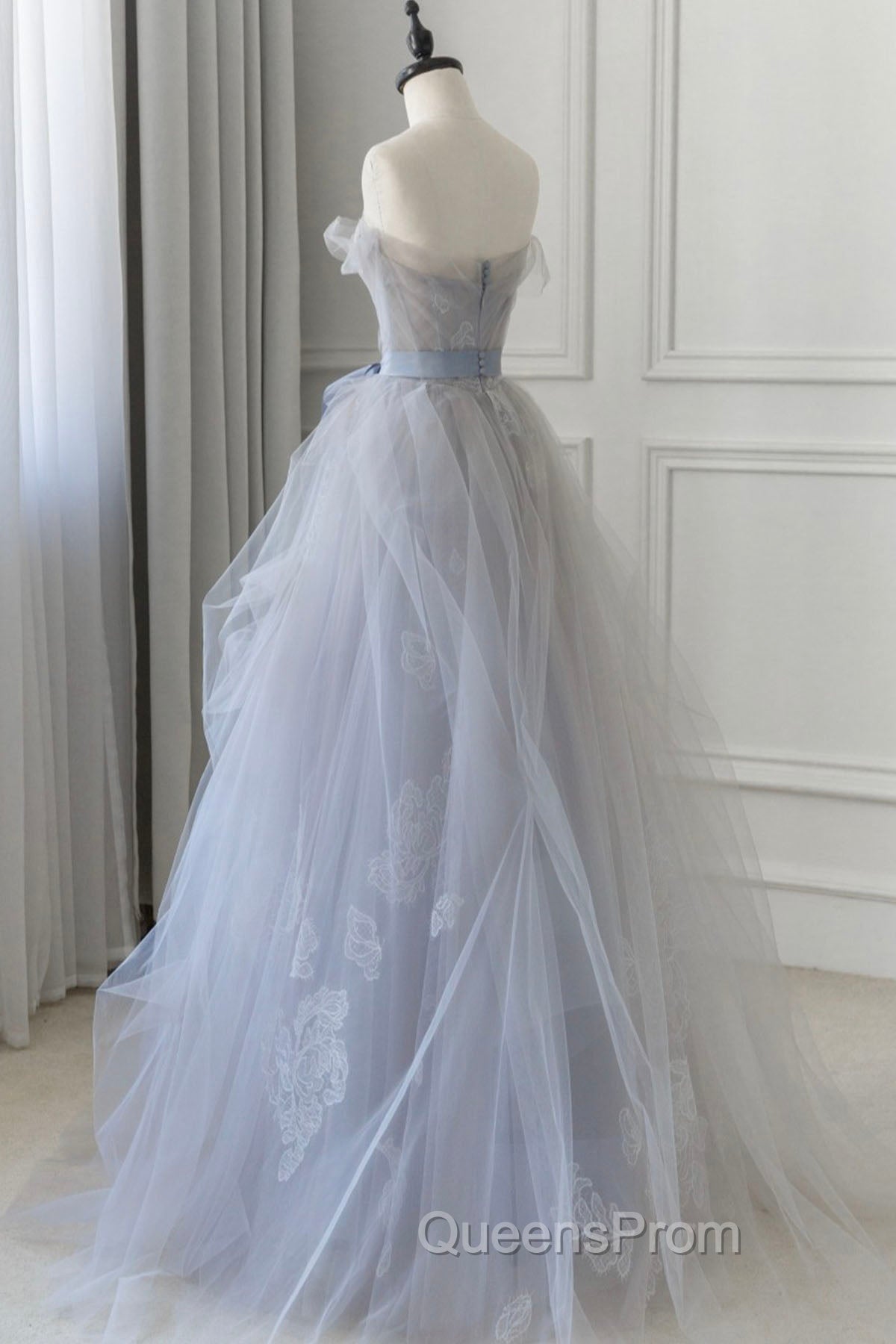 Gray Blue Lace Long Evening Prom Dress, Strapless Evening Party Dress Secondary image