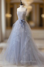 Gray Blue Lace Long Evening Prom Dress, Strapless Evening Party Dress