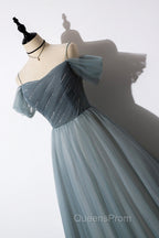 Gray Blue Spaghetti Strap Tulle Floor Length Evening Prom Dress, Off Shoulder Evening Party Dress