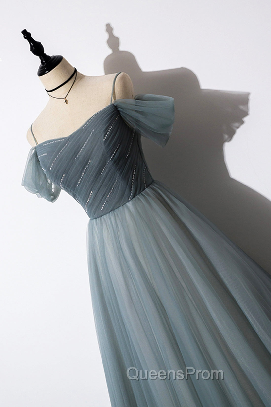 Gray Blue Spaghetti Strap Tulle Floor Length Evening Prom Dress, Off Shoulder Evening Party Dress