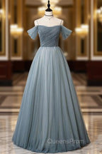Gray Blue Spaghetti Strap Tulle Floor Length Evening Prom Dress, Off Shoulder Evening Party Dress