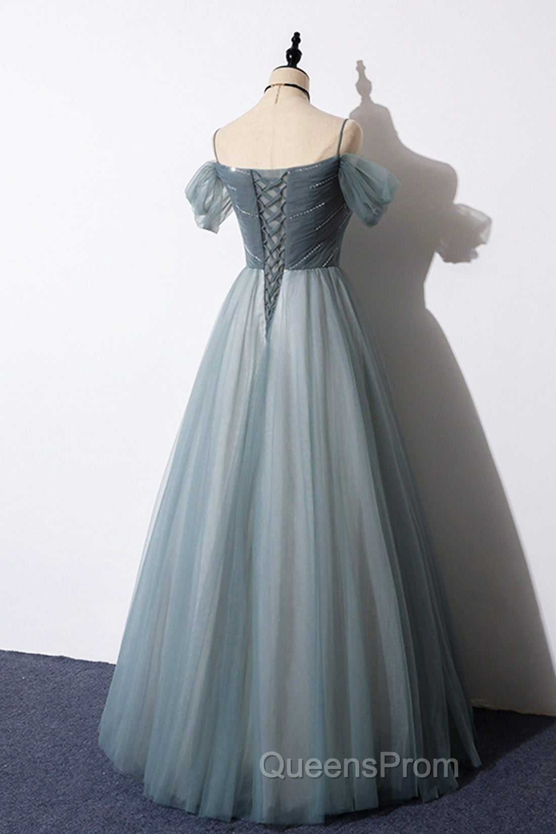 Gray Blue Spaghetti Strap Tulle Floor Length Evening Prom Dress, Off Shoulder Evening Party Dress