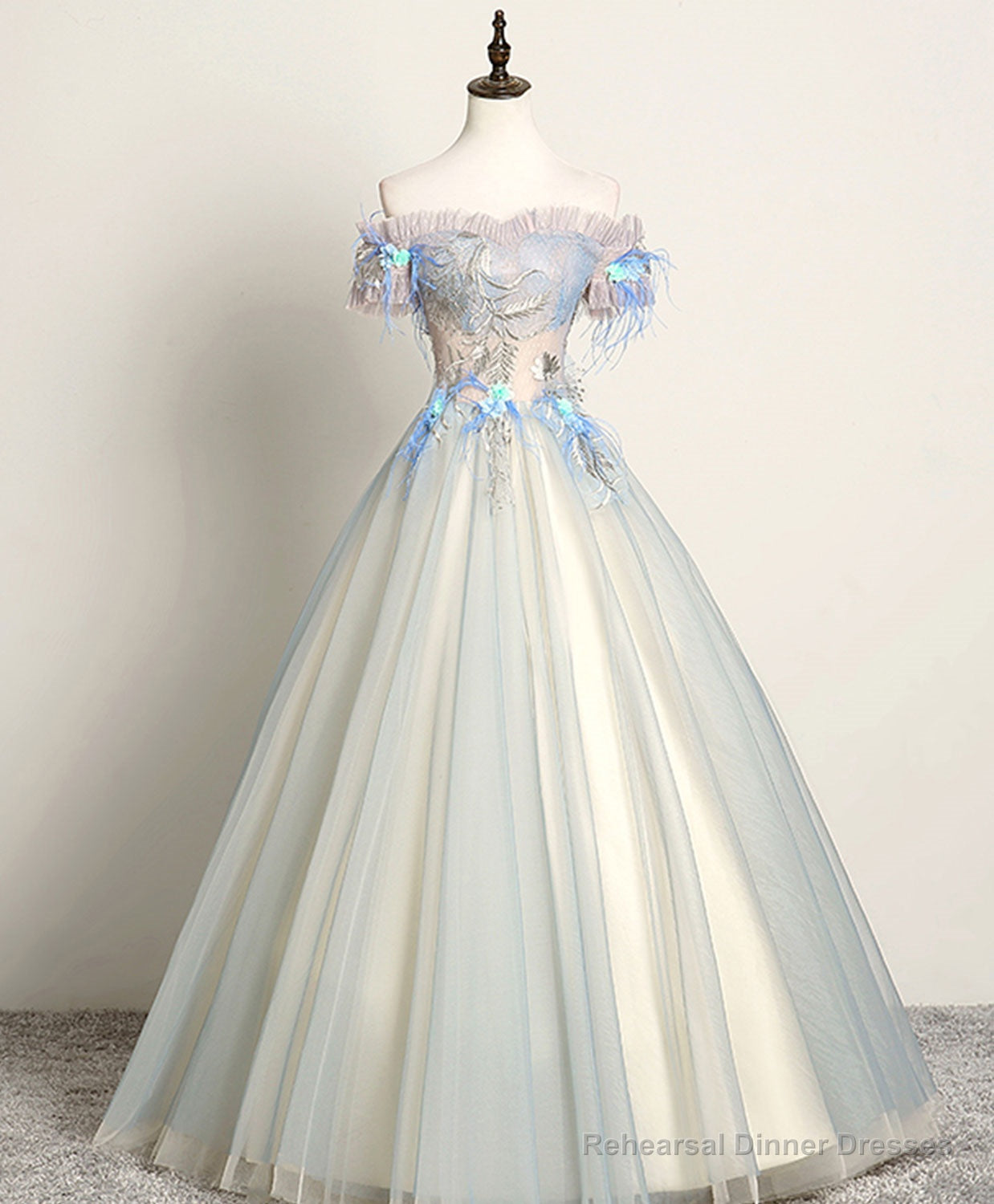 Gray Blue Sweetheart Lace Long Prom Dress, Gray Blue Tulle Evening Dress Secondary image