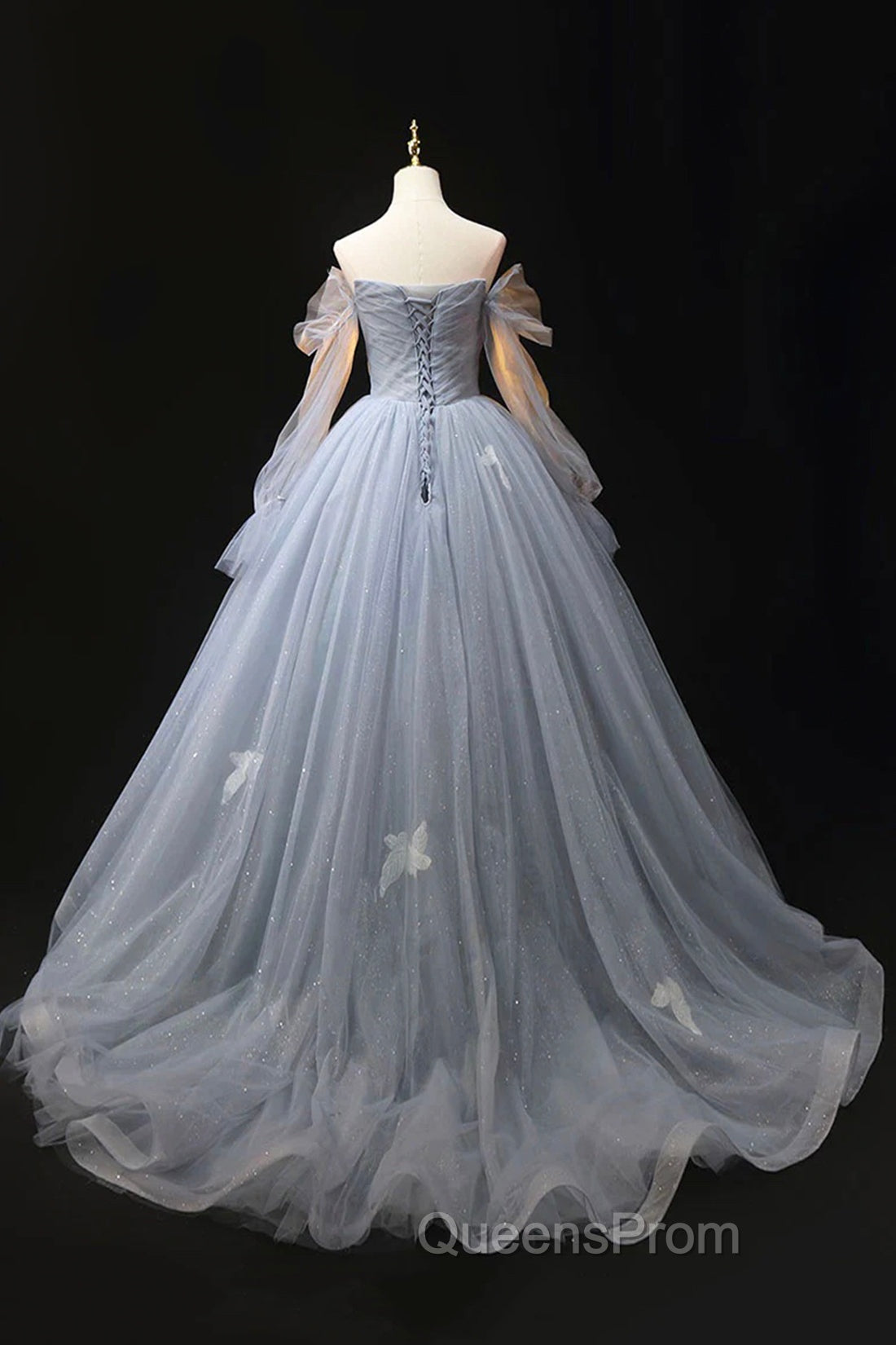 Gray Blue Tulle Floor Length Evening Prom Dress, Elegant Long Sleeve Evening Dress Secondary image