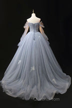 Gray Blue Tulle Floor Length Evening Prom Dress, Elegant Long Sleeve Evening Dress