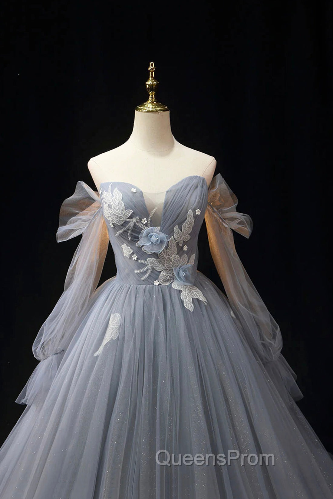Gray Blue Tulle Floor Length Evening Prom Dress, Elegant Long Sleeve Evening Dress