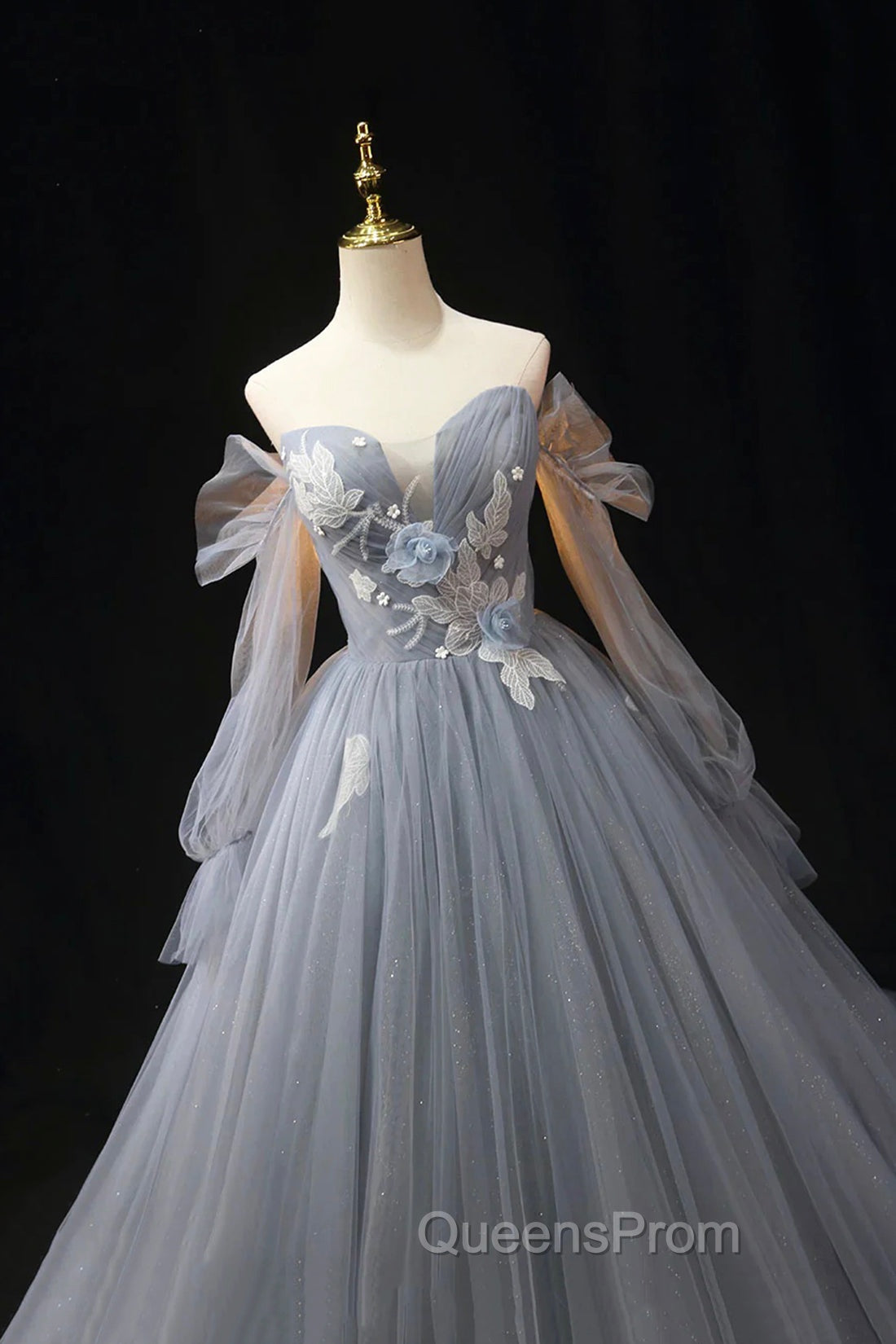 Gray Blue Tulle Floor Length Evening Prom Dress, Elegant Long Sleeve Evening Dress