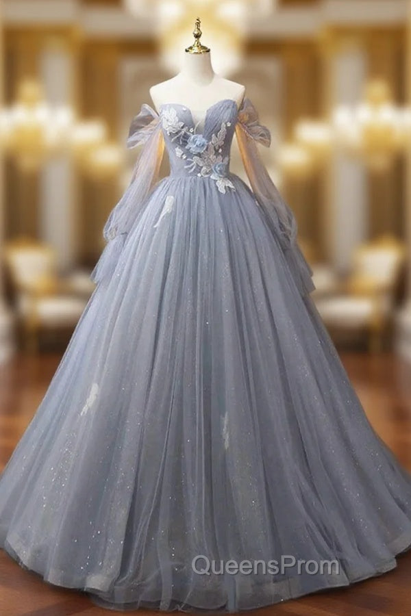 Gray Blue Tulle Floor Length Evening Prom Dress, Elegant Long Sleeve Evening Dress Main image
